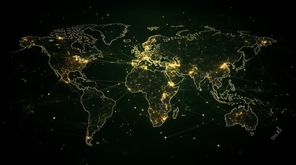 Global Network Connections Illuminated World Map Digital Art Abstract Background Modern Technology Illustration Futuristic Design Golden Lines Elegant Graphic Networked Planet     
