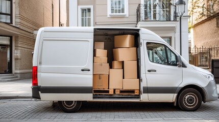 A white van is parked along a city street, containing stacks of cardboard moving boxes. The setting suggests a moving day, with a quiet urban atmosphere