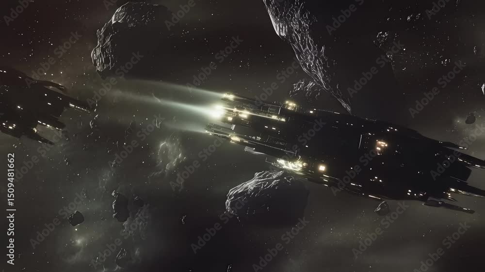 Poster large, advanced spaceships are navigating a dense asteroid field in deep space, their powerful engin