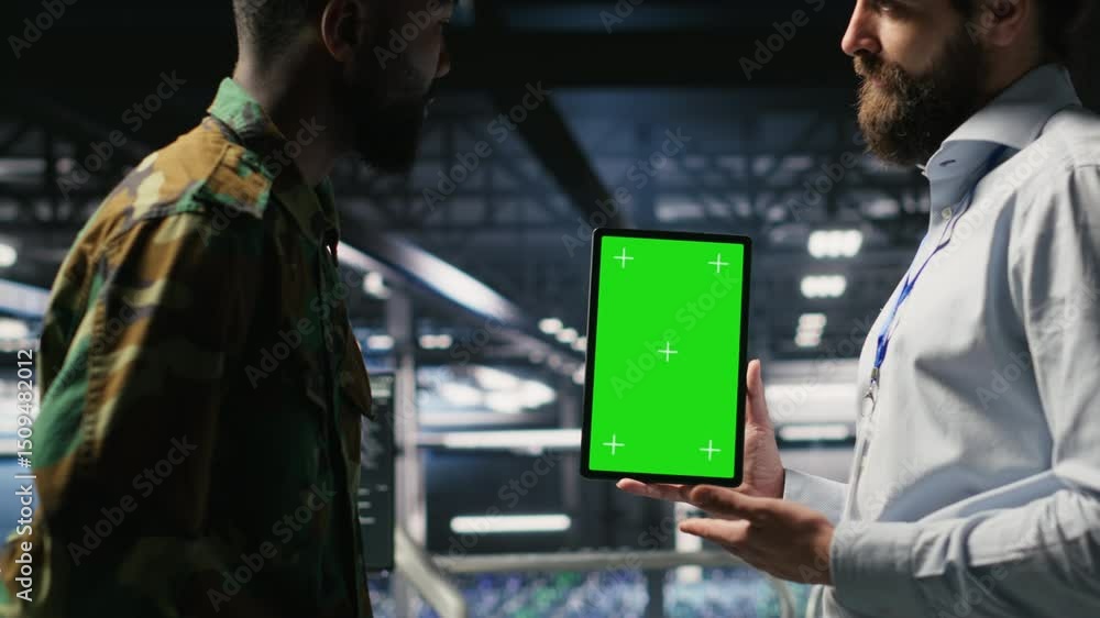 Poster military personnel overseeing ai computing operations on isolated screen tablet in high tech server 