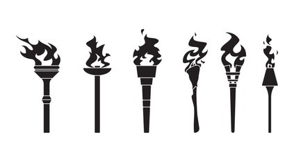 Torch flame black icon set, vector
