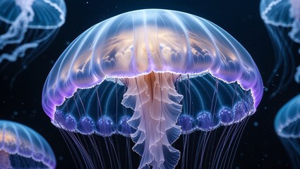 Obraz premium Beautiful jellyfish glows with vibrant colors in dark ocean water while drifting gracefully during nighttime