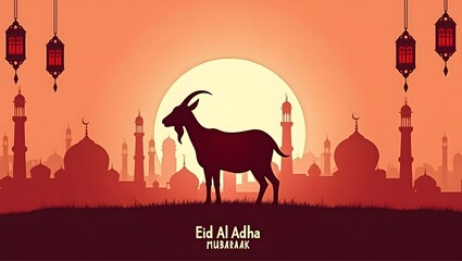 Naklejka premium Eid al-Adha Goat Silhouette with Mosque Background