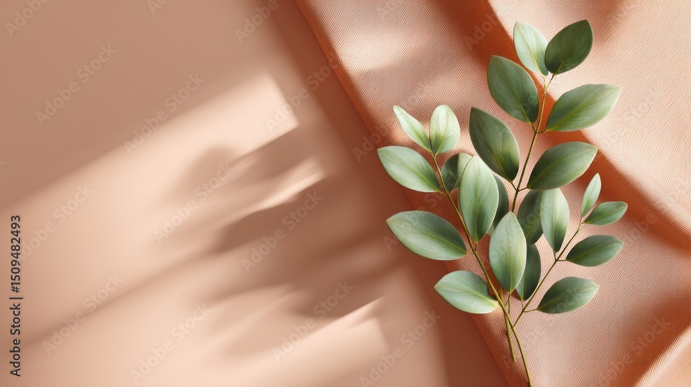 Poster A soft peach background showcases a gently placed green leaf, its shadows adding depth and tranquility. This setting evokes a peaceful ambiance suitable for various decor styles