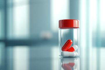 Pill bottle on clean medical glass platform reflection