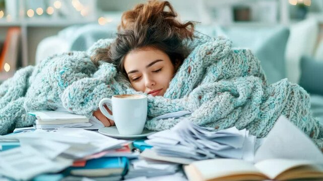 Woman Sleeping Under Blanket with Coffee