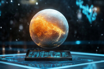 Planetary object resting on digital display stand