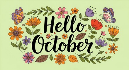Hello October Floral Greeting Card Design