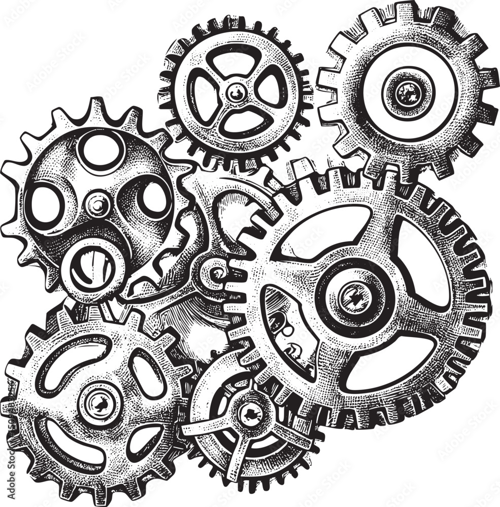 Poster three interlocking gears rotate within a detailed mechanical .
