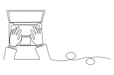 Continuous one line drawing of Hands typing on computer. Single line drawing illustration of Typing on keybord. Working by using laptop concept vector art. Doodle line illustration.