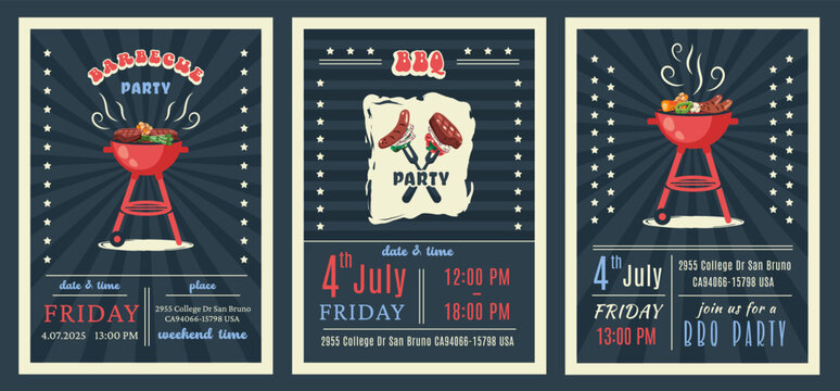 BBQ party. American 4th of July Celebration. Set of Set of barbecue invitation. Holiday card, poster, banner, flyer template for bbq picnic. Vector illustration with brazier, steaks, vegetables