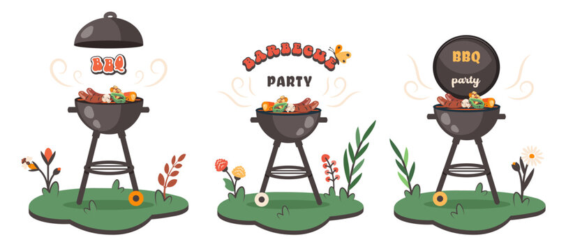 Bbq time. Set of Barbecue cliparts with brazier, grill, steaks, meat food, vegetables at home. BBQ party art. Family dinner. Vector cartoon illustration for banner, holiday card, summer picnic, flyer