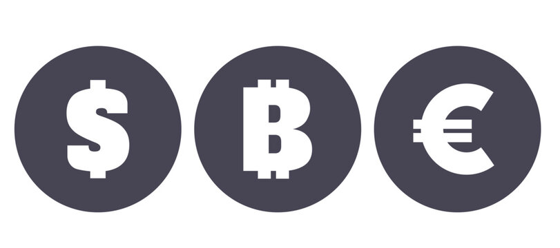 Currency icon set. Money symbols isolated on white background. Bitcoin sign.  American Dollar icon. Euro money sign. Vector illustration for bussiness, financy, currency exchange