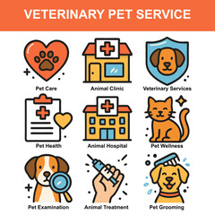 Fototapeta premium Veterinary and pet care icons for animal clinics, wellness services, grooming, and pet health treatment.
