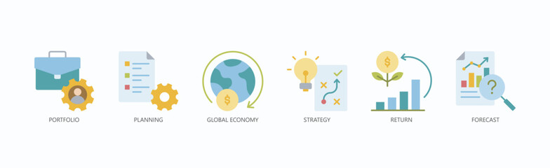Vision Icon Set Isolated Vector With Icon Of Portfolio, Planning, Global Economy, Strategy, Return, Forecast In Flat Style