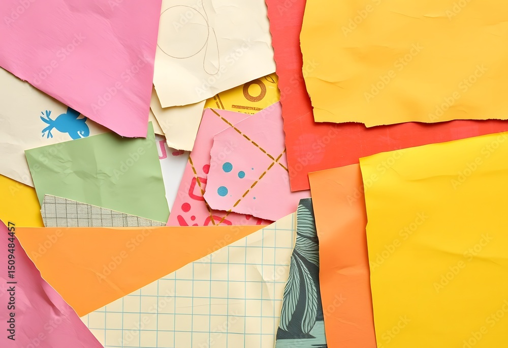 Poster colorful paper collage, vibrant textures and patterns, creative design. artistic layout with mixed m