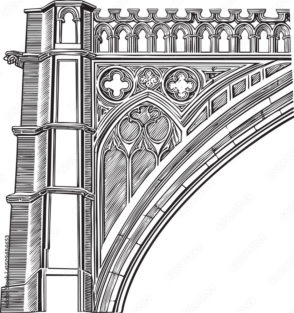 Poster detailed architectural rendering showcases a gothic archway with intricate stonework.