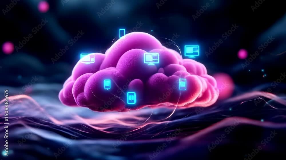 Poster cloud technology digital network data futuristic glowing abstract icons and communication on vibrant