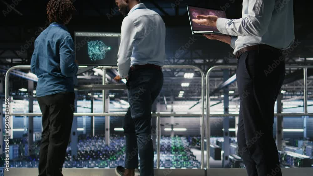 Poster annoyed engineer in data center reacting to critical error message on laptop. irked it professional 