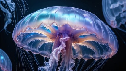 Obraz premium Beautiful jellyfish glows with vibrant colors in dark ocean water while drifting gracefully during nighttime