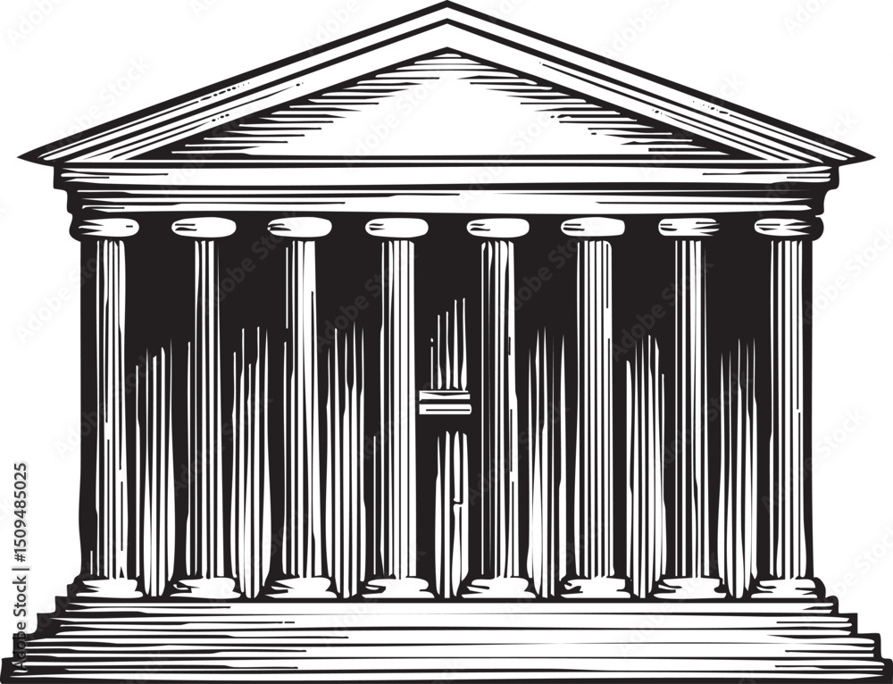Poster stately temple with a classical facade and multiple columns.