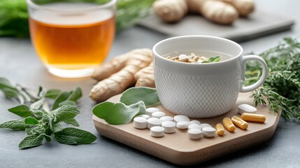 Herbal Remedy Tea with Supplements and Fresh Herbs