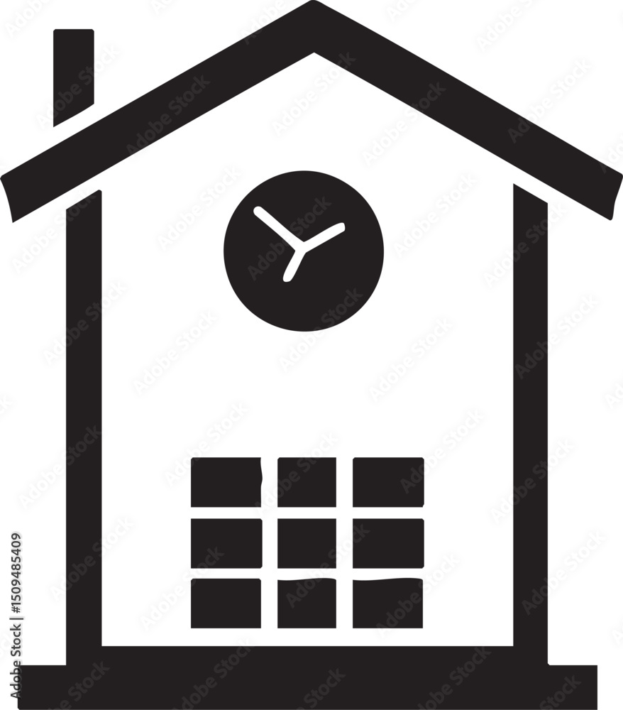 Poster simple house features a clock and windows.