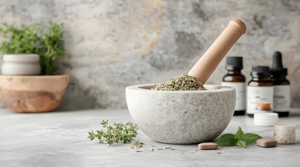 Herbal Remedy Preparation with Mortar and Pestle