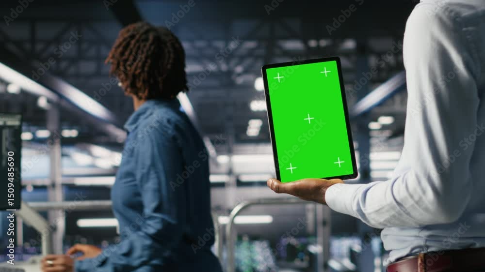 Poster close up of server hub admin using isolated screen tablet next to colleague reviewing ai llm visuali
