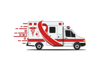 Ambulance with aids ribbon isolated on white background