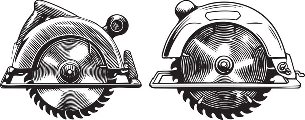 Two circular saws are depicted in a detailed monochrome .