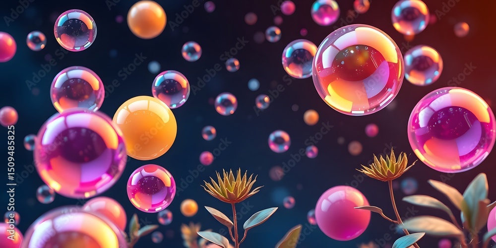 Leinwandbilder Abstract Vibrant Bubbles Interaction With Digital Plant Forms Floating. The Forms Glow With Color, Creating A Captivating Futuristic Display. A Beautiful Interplay Of Organic And Technological
