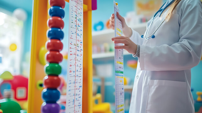 Pediatrician measuring a child's height in a colorful clinic