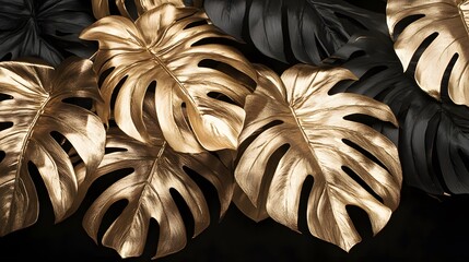 Golden and Black Monstera Leaves Luxury Background