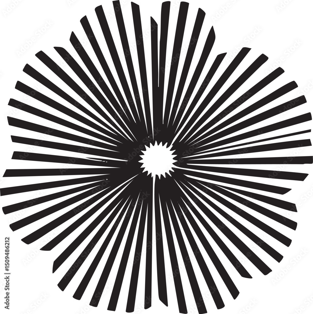 Poster stylized circular features radiating lines emanating from a central point.