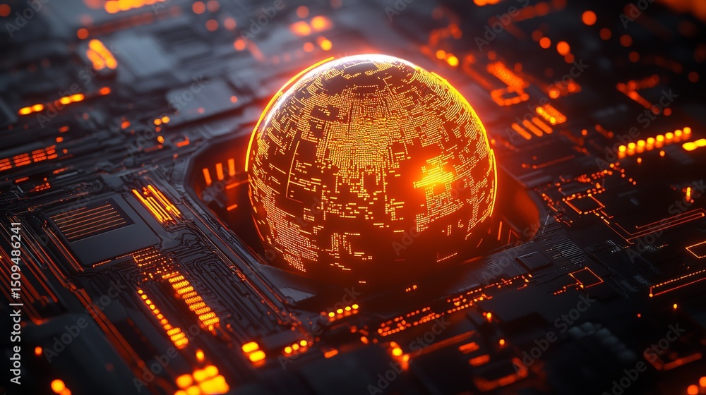 Aufkleber global network digital sphere futuristic technology orange glowing circuit board abstract background