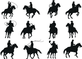 Naklejka premium Silhouettes of Cowboys Riding Horses: Dynamic Poses with Roping and Western Action