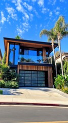Fototapeta premium Contemporary beachfront house with wooden exterior and large reflective windows reflecting beautiful skies