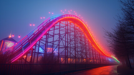 Vibrant neon light trail on roller coaster. Wooden structure glowing in misty night. Captivating amusement park scene for creative visuals.

