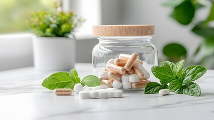 Herbal Supplements in Glass Jar with Wooden Lid and Fresh Herbs