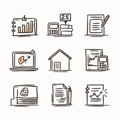 Hand-Drawn Infographic Icon Set of Business Metrics, Finance Reports, Charts, and KPIs in Line Art Style