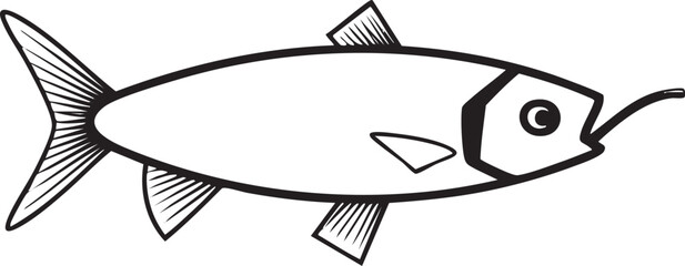 stylized black and white of a fish swims gracefully.