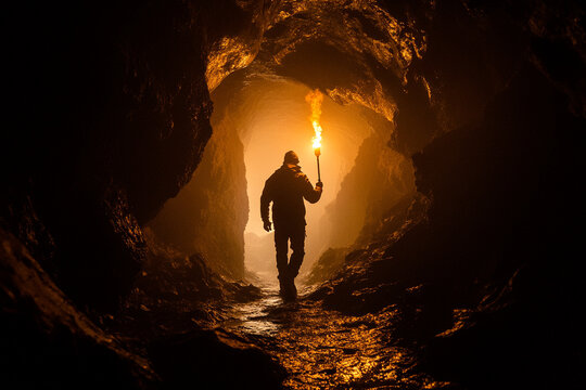 Man holding a torch inside a dark cave silhouette - Powered by Adobe