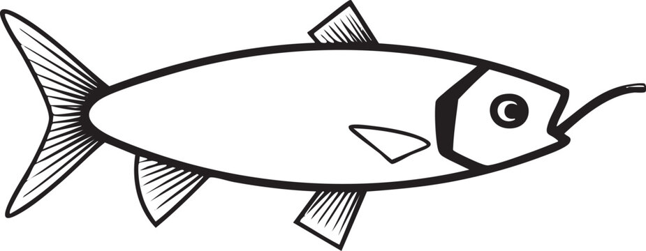 stylized black and white of a fish swims gracefully.