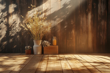 Product on rustic stage with warm light