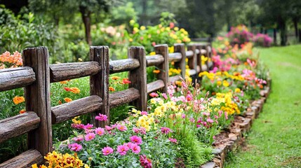 Serene Rustic Garden Oasis: Wooden Fences, Flower Beds, and Nature's Charm