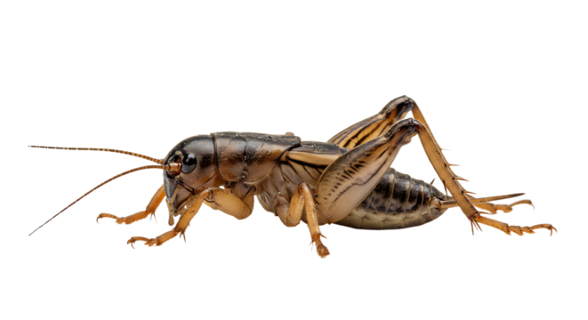 Detailed Side View of a Brown and Black Field Cricket with Long Antennae
