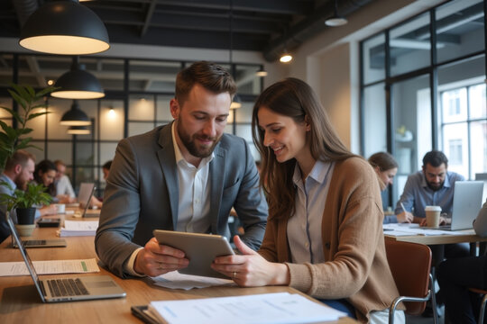 Two business professionals working together on a tablet in a modern, shared office space with natural light.