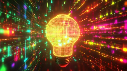 Abstract Digital Lightbulb Innovation Technology Network Bright Neon Glowing Lines Futuristic Background Design Concept Modern Electric Energy Power Grid Wireframe Yellow Orange   