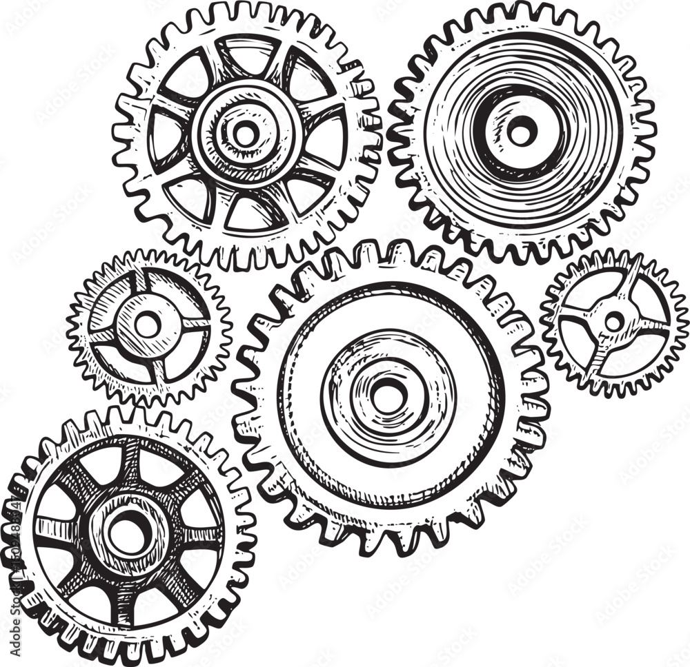 Poster four interlocking gears rotate in a circular arrangement.
